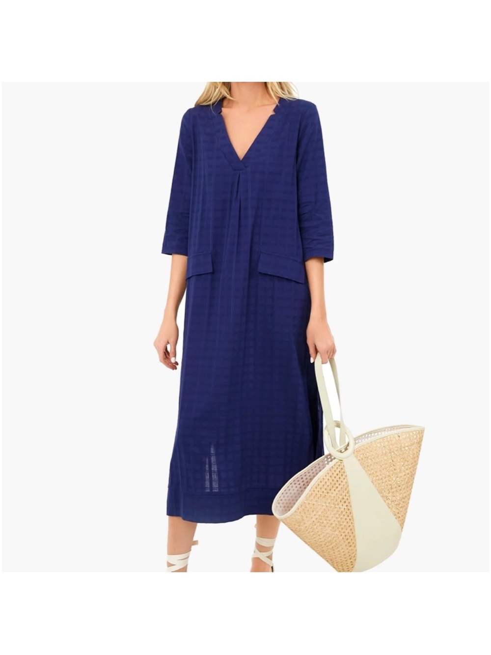 Tuckernuck Pomander Place Carolina Caftan Midi Dress Navy Blue Cotton Size L